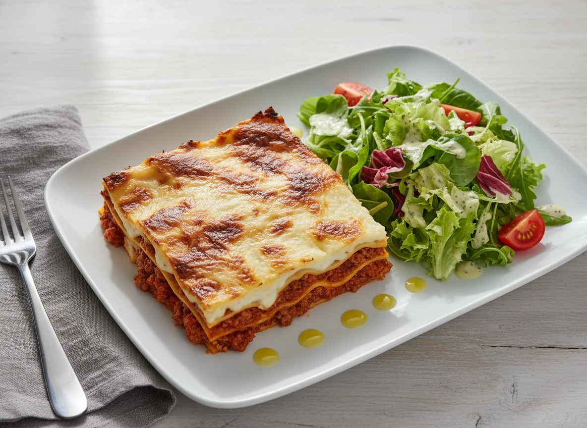 Lasagne mit Rindfleisch und Blattsalat photo