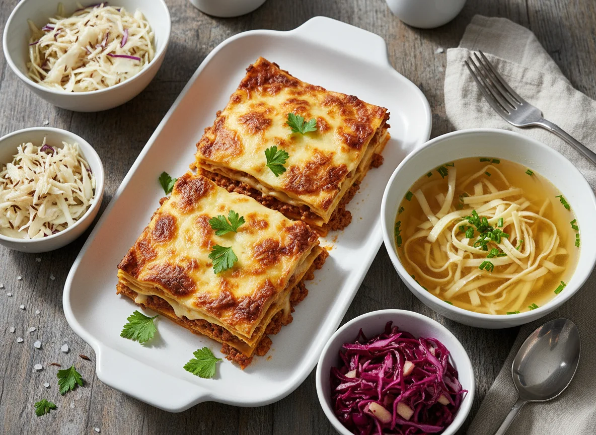Lasagne mit Suppe und Krautsalat photo