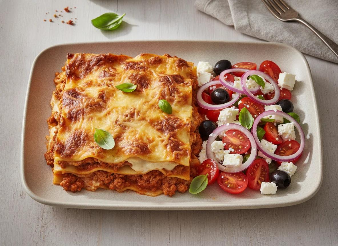 Lasagne mit Tomaten-Feta-Salat photo