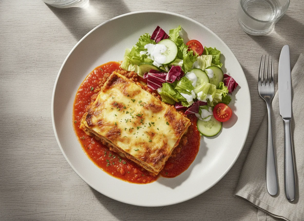 Lasagne mit Tomatensauce und Beilagensalat photo