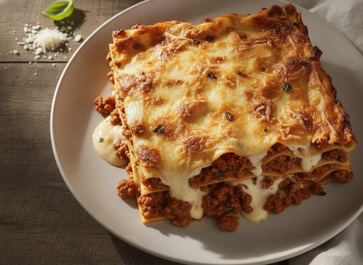 Lasagne mit Tomatensauce und Käse überbacken photo