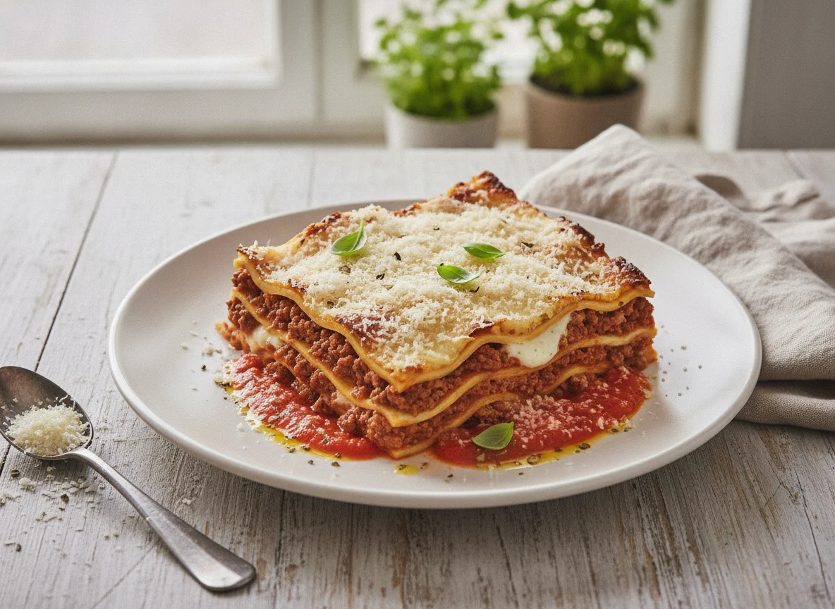 Lasagne mit Tomatensauce und Parmesan photo