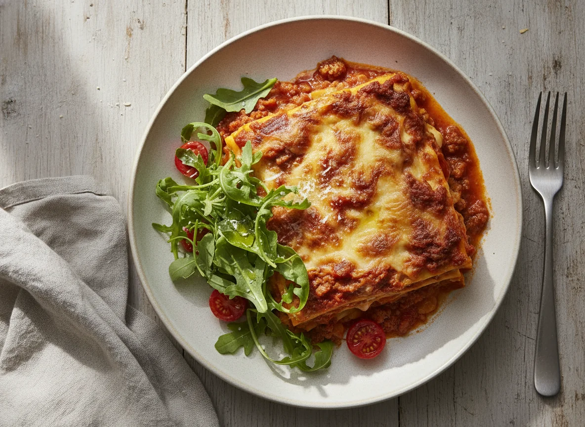 Lasagne mit Tomatensauce und Rucola photo