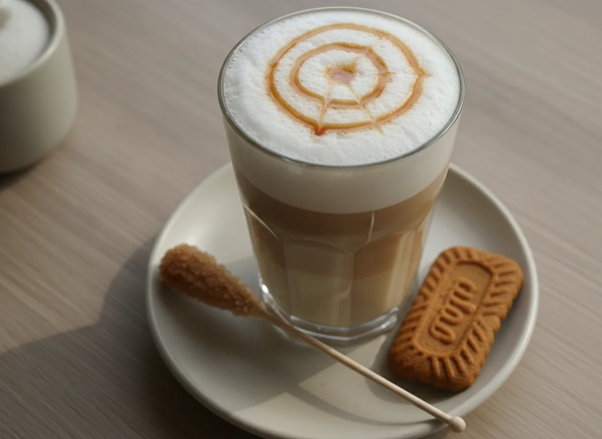 Latte Macchiato mit Keks und Zucker photo