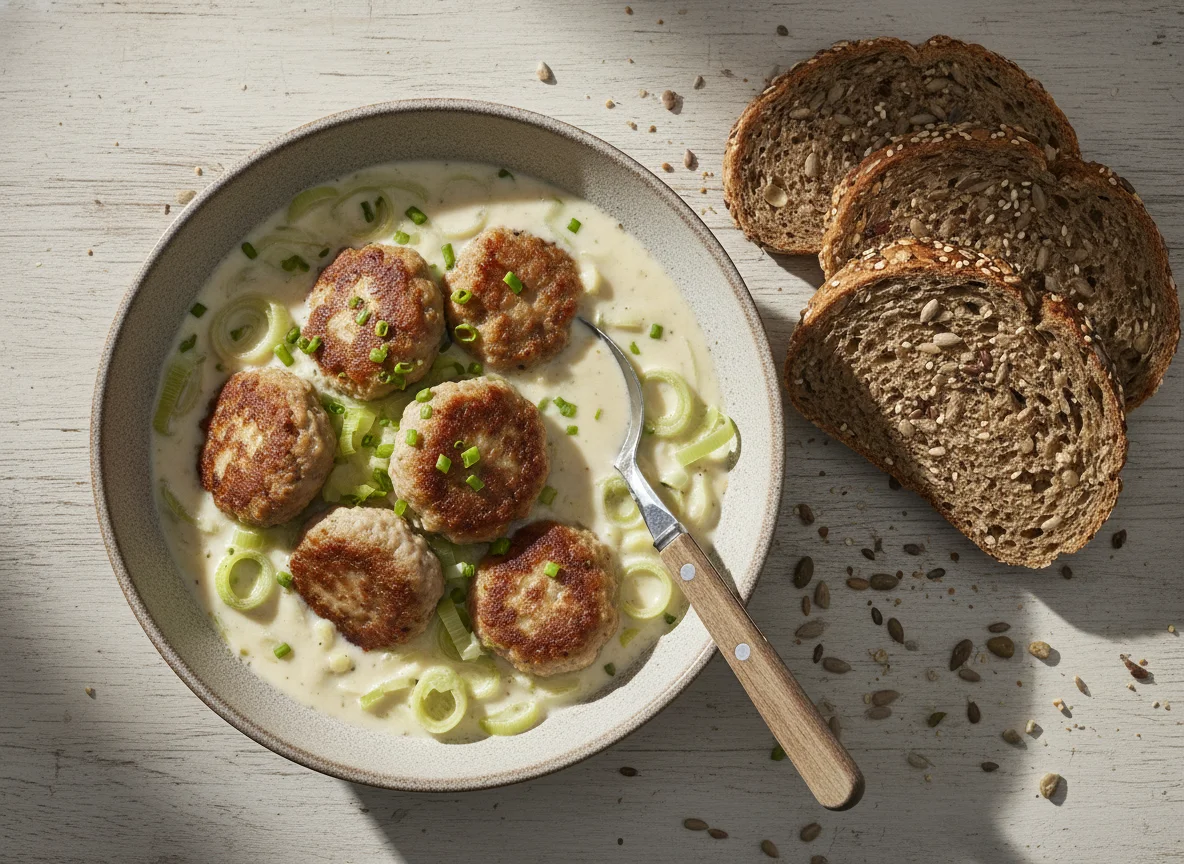 Lauch-Frikadellen-Eintopf mit Brot photo