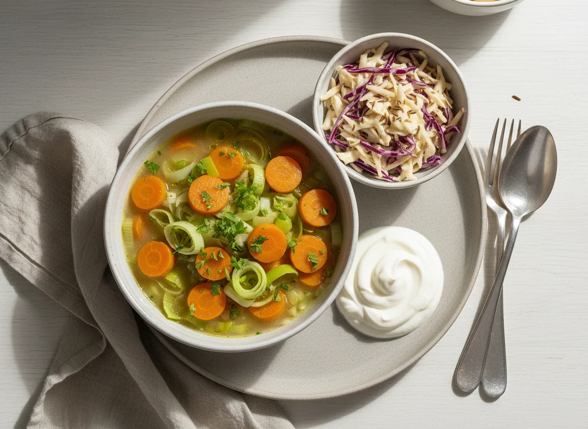 Lauch-Karotten-Eintopf mit Krautsalat und Joghurt photo
