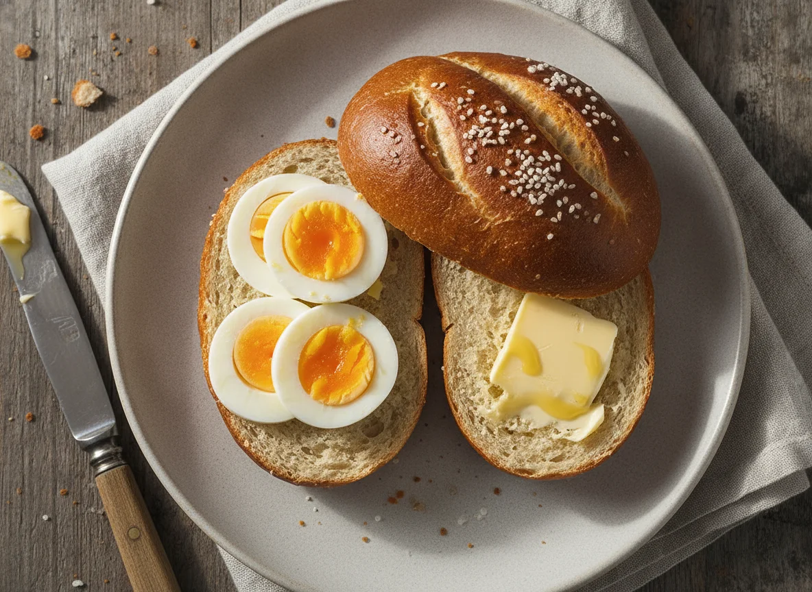 Laugenbrötchen mit Ei photo
