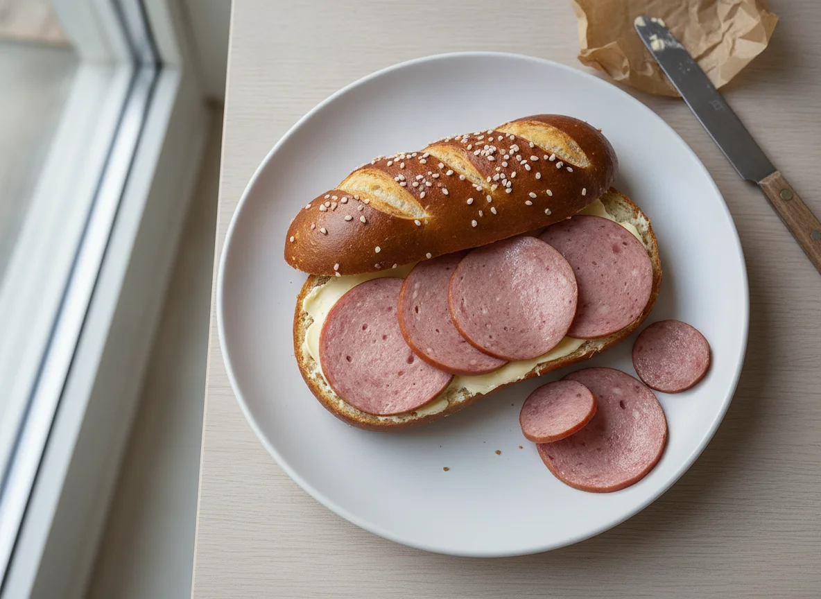 Laugenbrötchen mit Fleischwurst photo