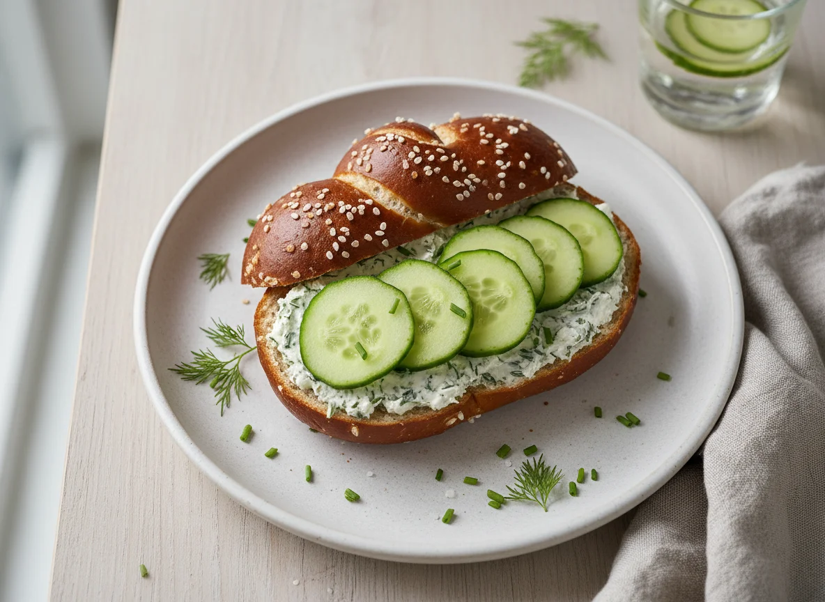 Laugenbrötchen mit Frischkäse und Gurke photo