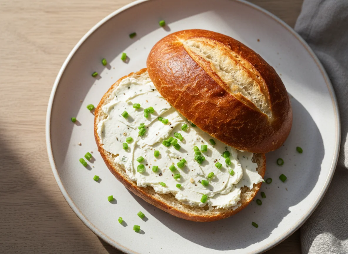 Laugenbrötchen mit Frischkäse und Schnittlauch photo