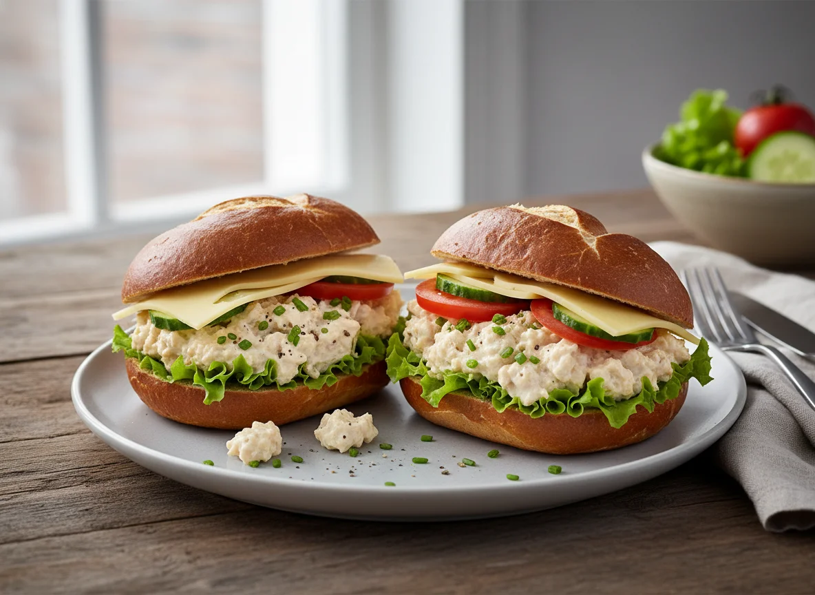 Laugenbrötchen mit Hähnchensalat und Gemüse photo