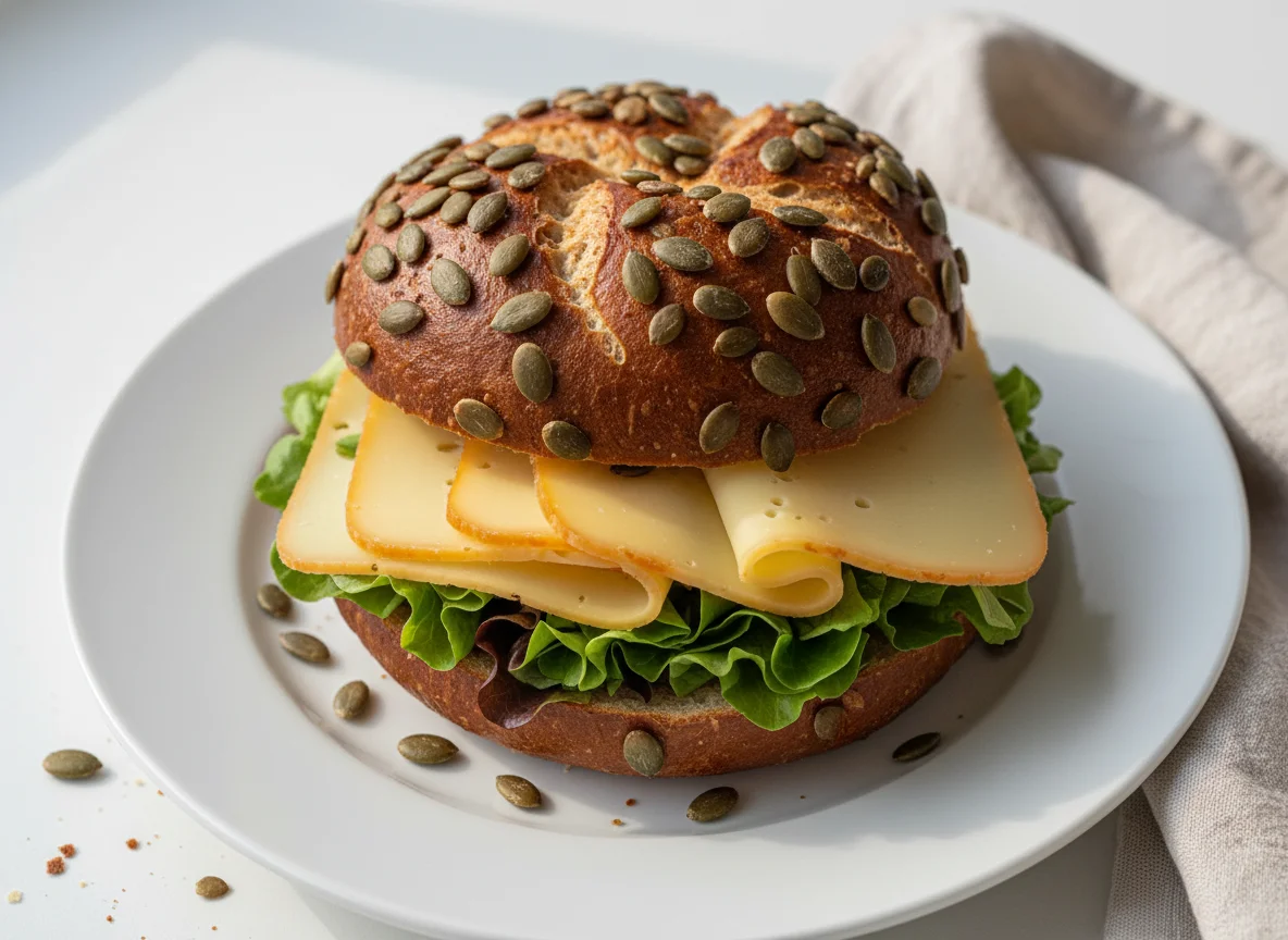 Laugenbrötchen mit Käse und Salat photo