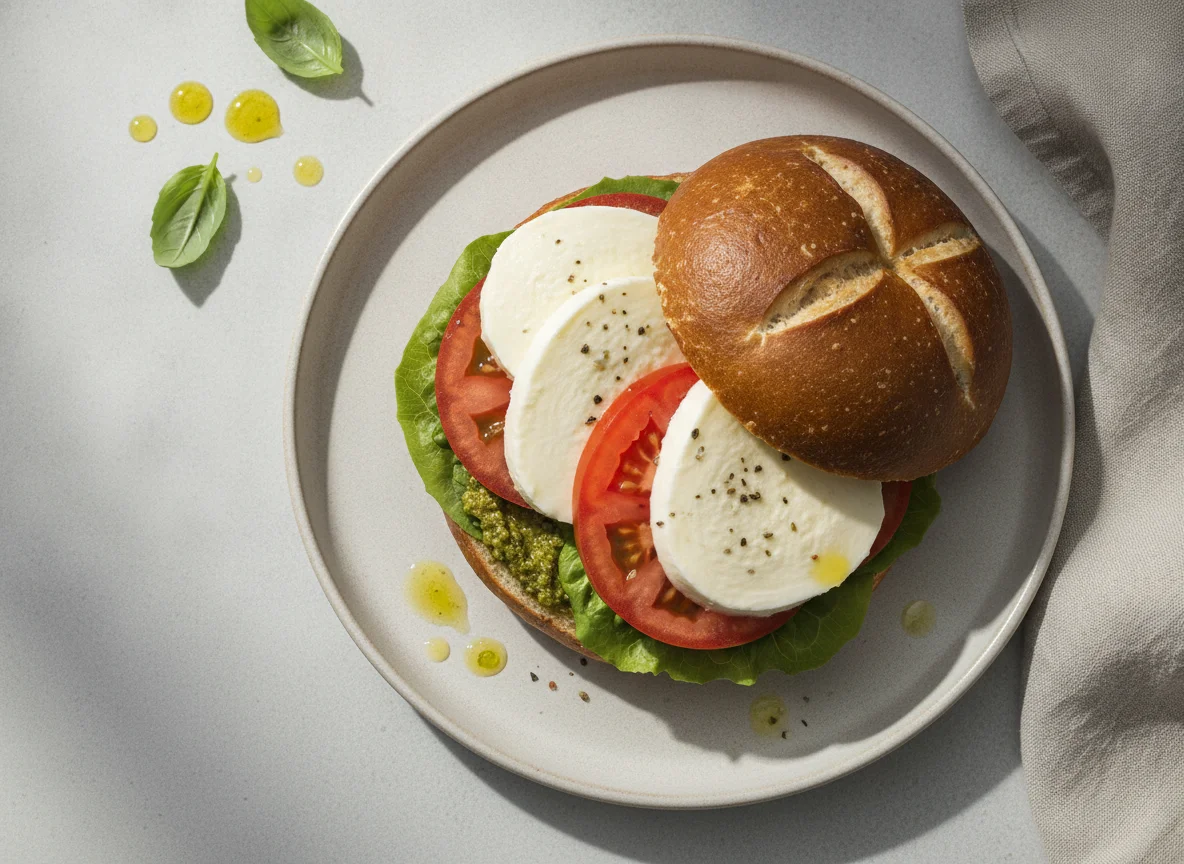 Laugenbrötchen mit Mozzarella und Tomate photo