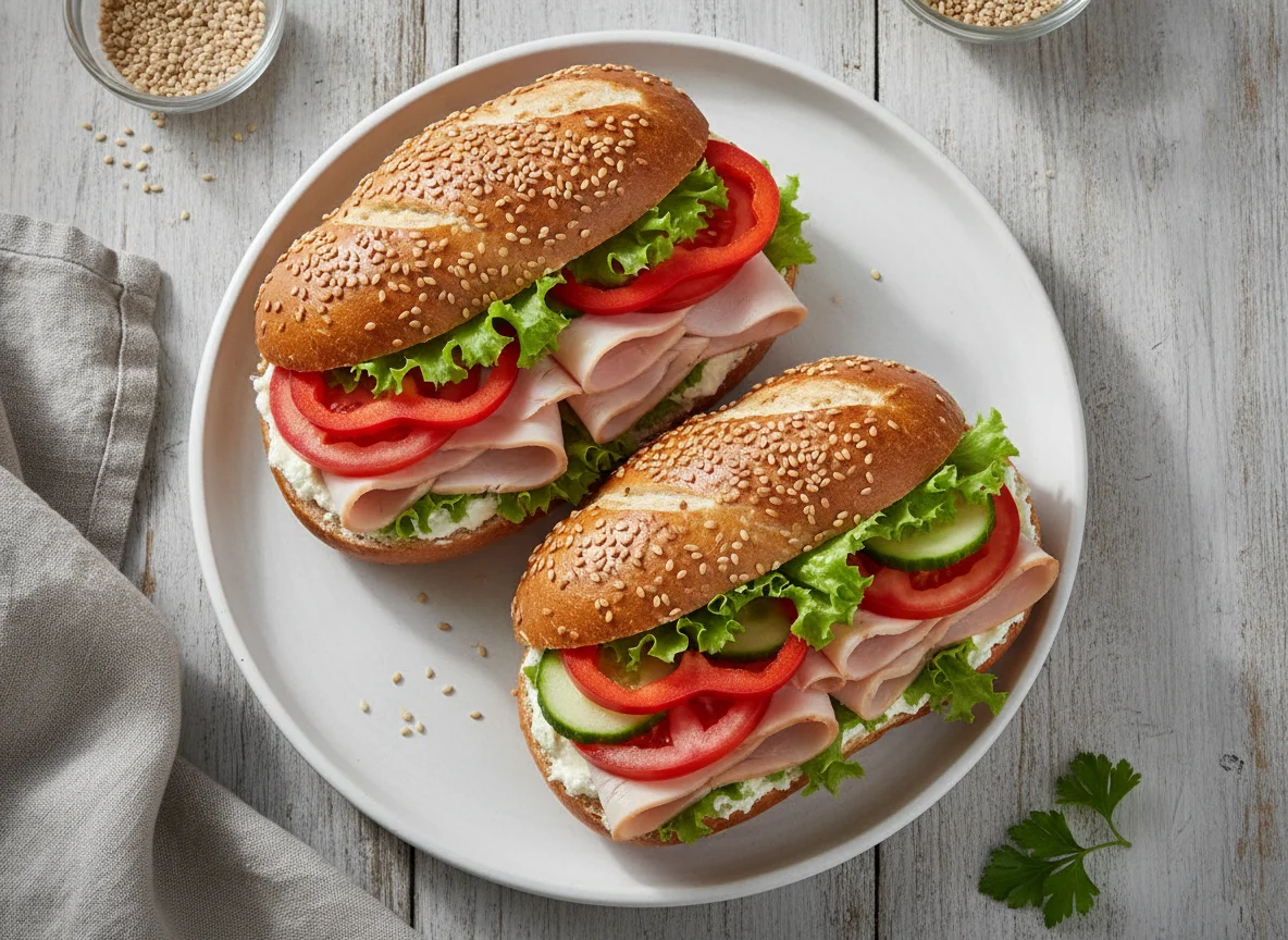 Laugenbrötchen mit Putenbrust und Gemüse photo