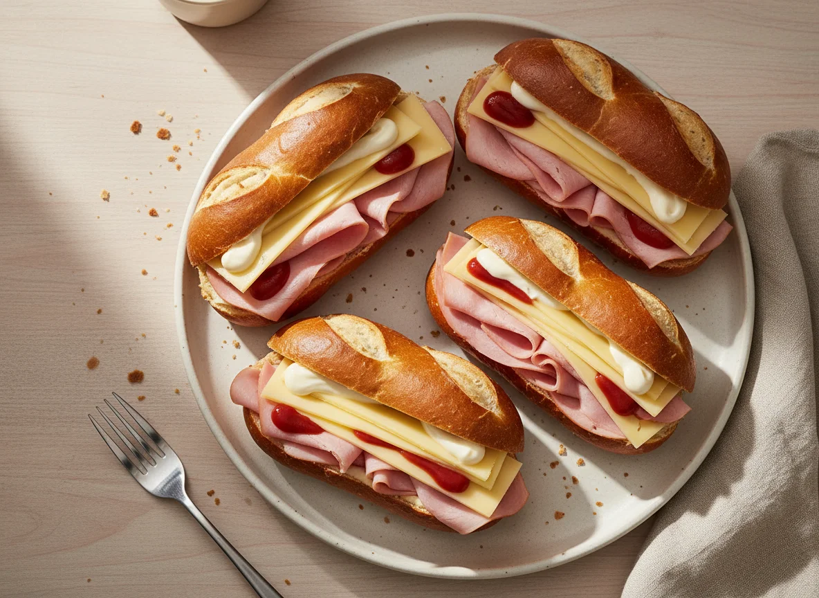 Laugenbrötchen mit Schinken und Käse photo