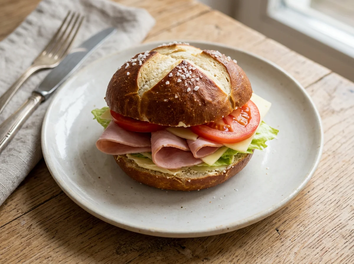 Laugenbrötchen mit Schinken und Salat photo