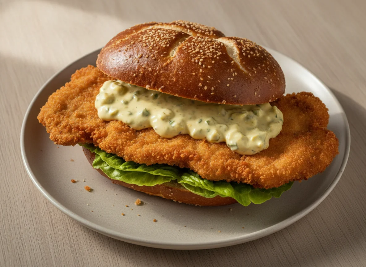 Laugenbrötchen mit Schnitzel photo