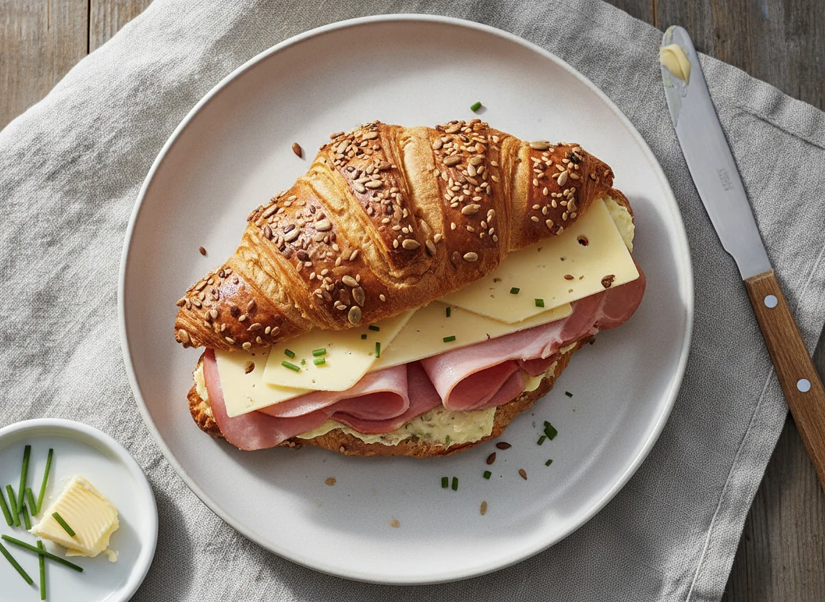 Laugencroissant mit Schinken und Käse photo