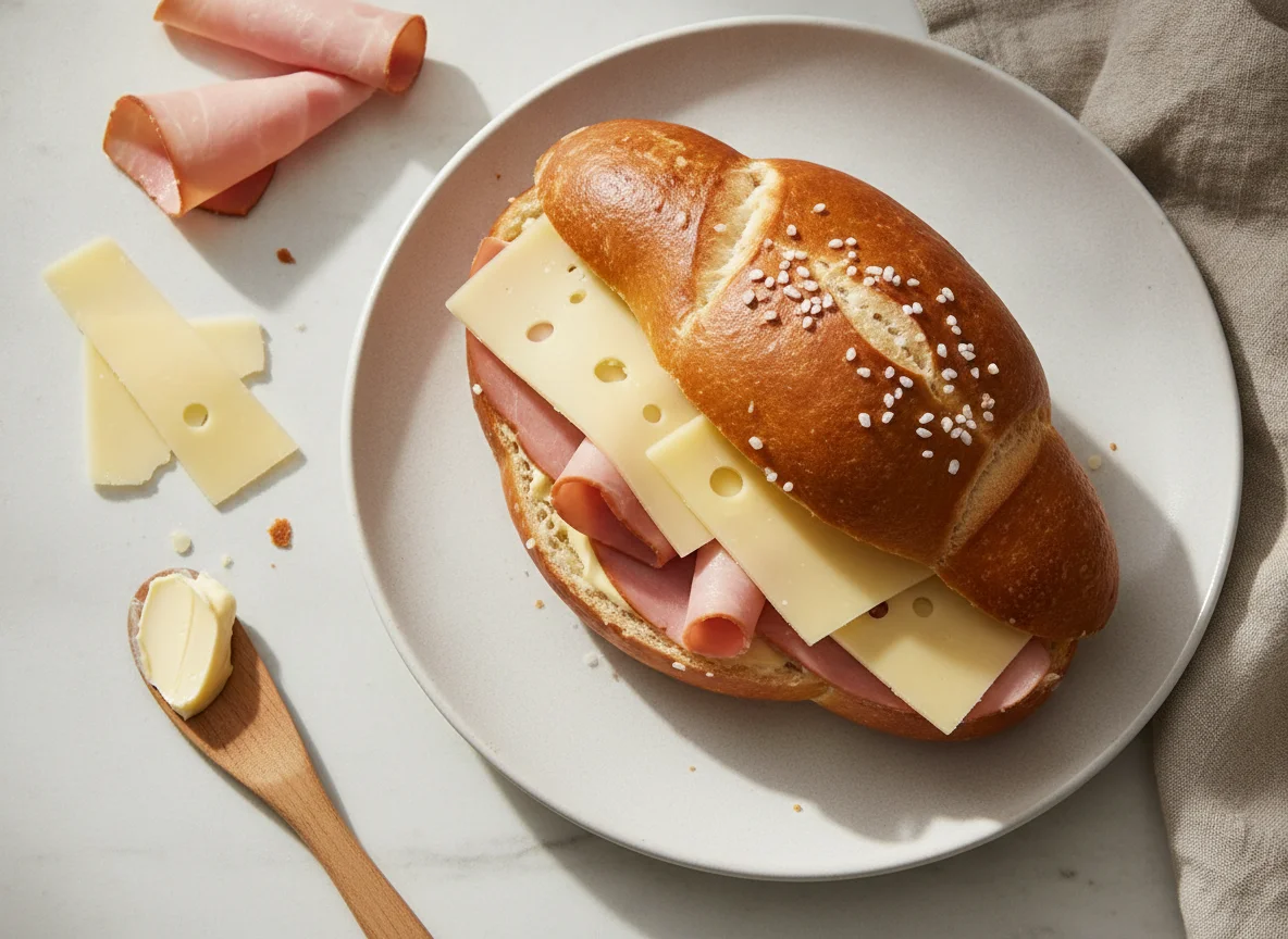Laugenecke mit Schinken und Käse photo