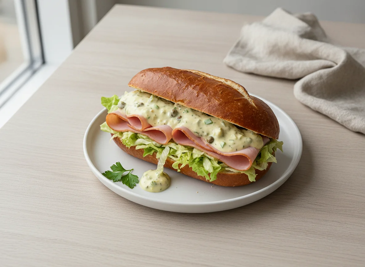 Laugenecke mit Schinken und Salat photo
