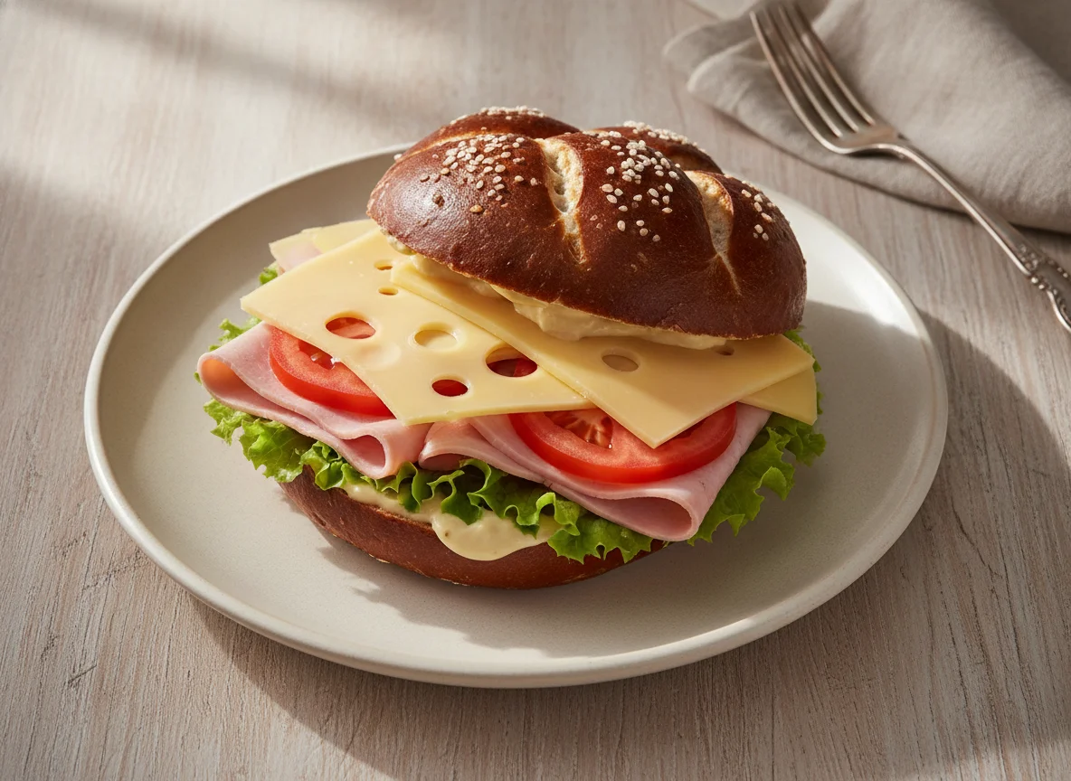 Laugen-Sandwich mit Schinken und Käse photo