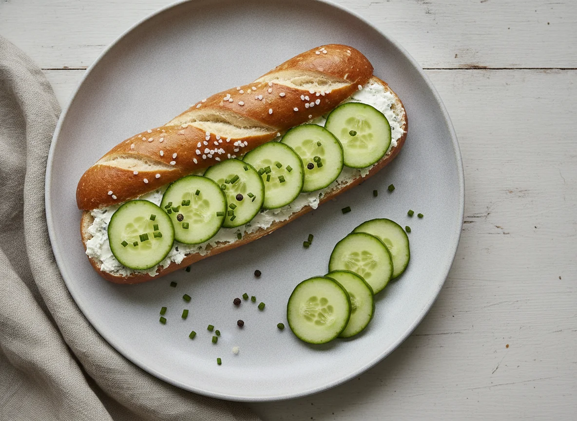 Laugenstange mit Frischkäse und Gurke photo