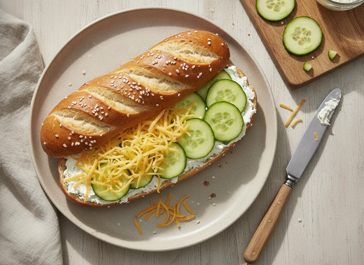Laugenstange mit Käse und Gurke photo