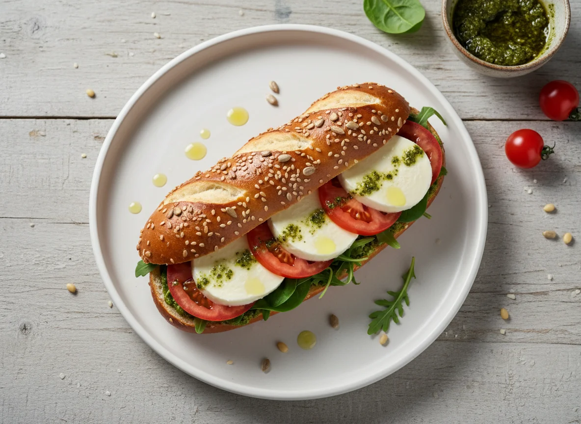 Laugenstange mit Mozzarella und Tomate photo