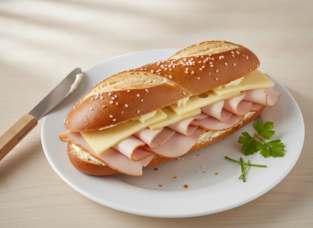 Laugenstange mit Putenbrust und Käse photo