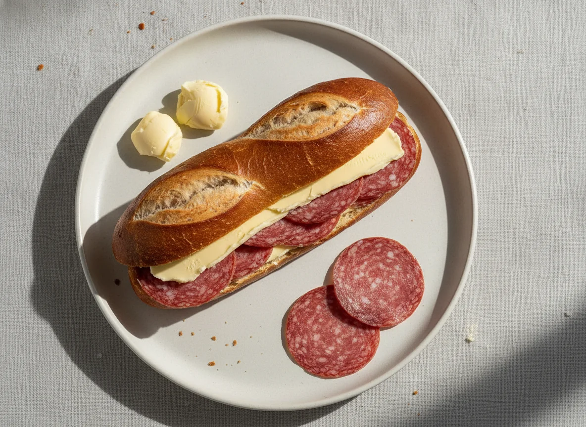 Laugenstange mit Salami und Butter photo