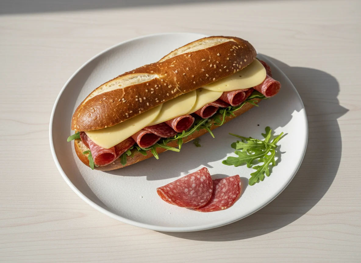 Laugenstange mit Salami und Käse photo