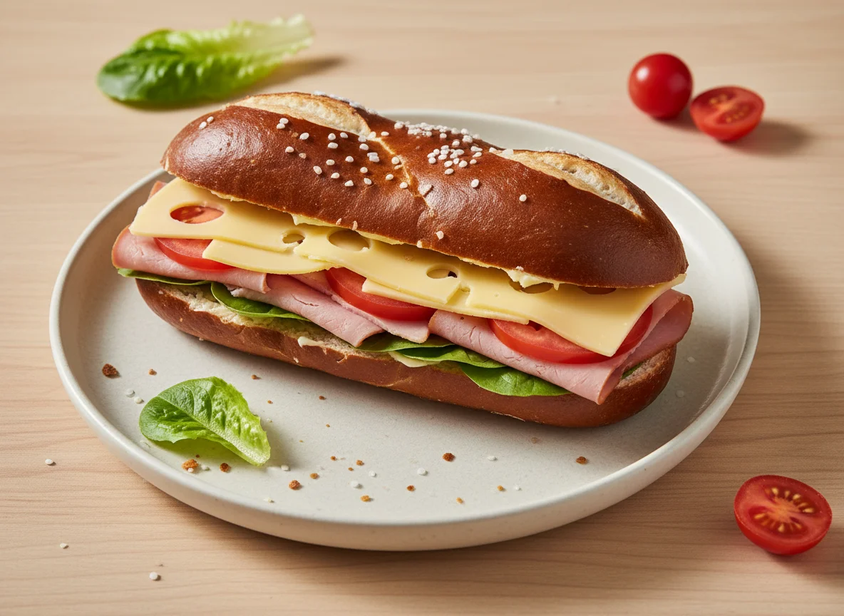 Laugenstange mit Schinken und Käse photo