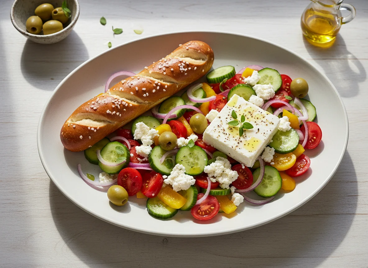 Laugenstange und Griechischer Salat photo