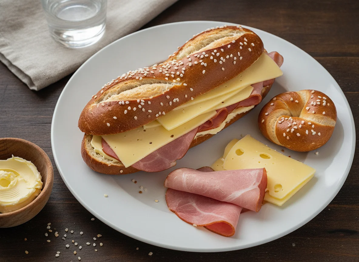 Laugenstangerl mit Schinken und Käse photo