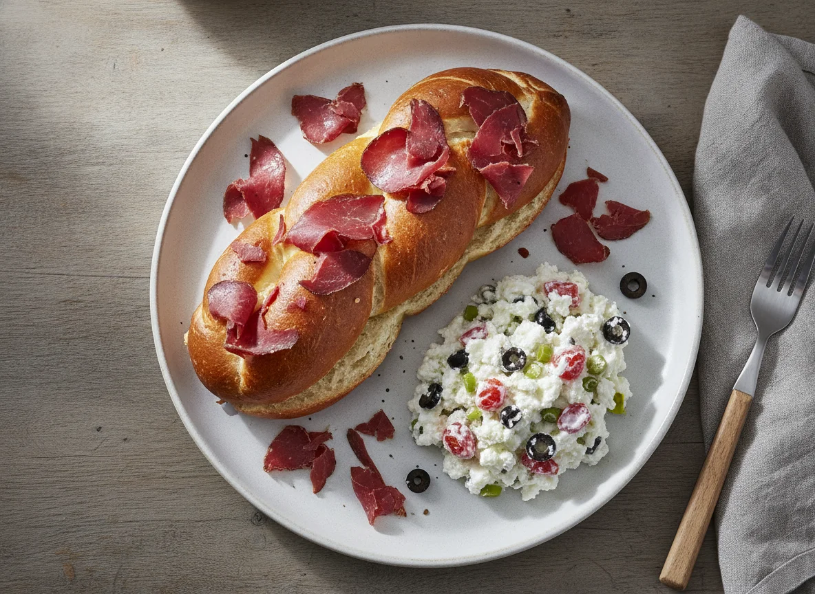 Laugenzopf mit Rauchbröckli und Hüttenkäse photo
