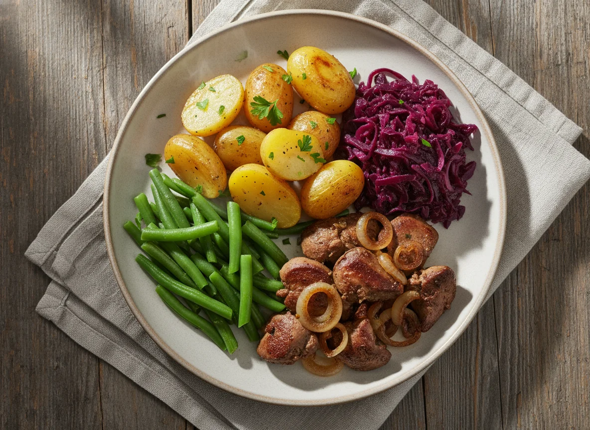 Leber mit Kartoffeln, grünen Bohnen und Rotkohl photo