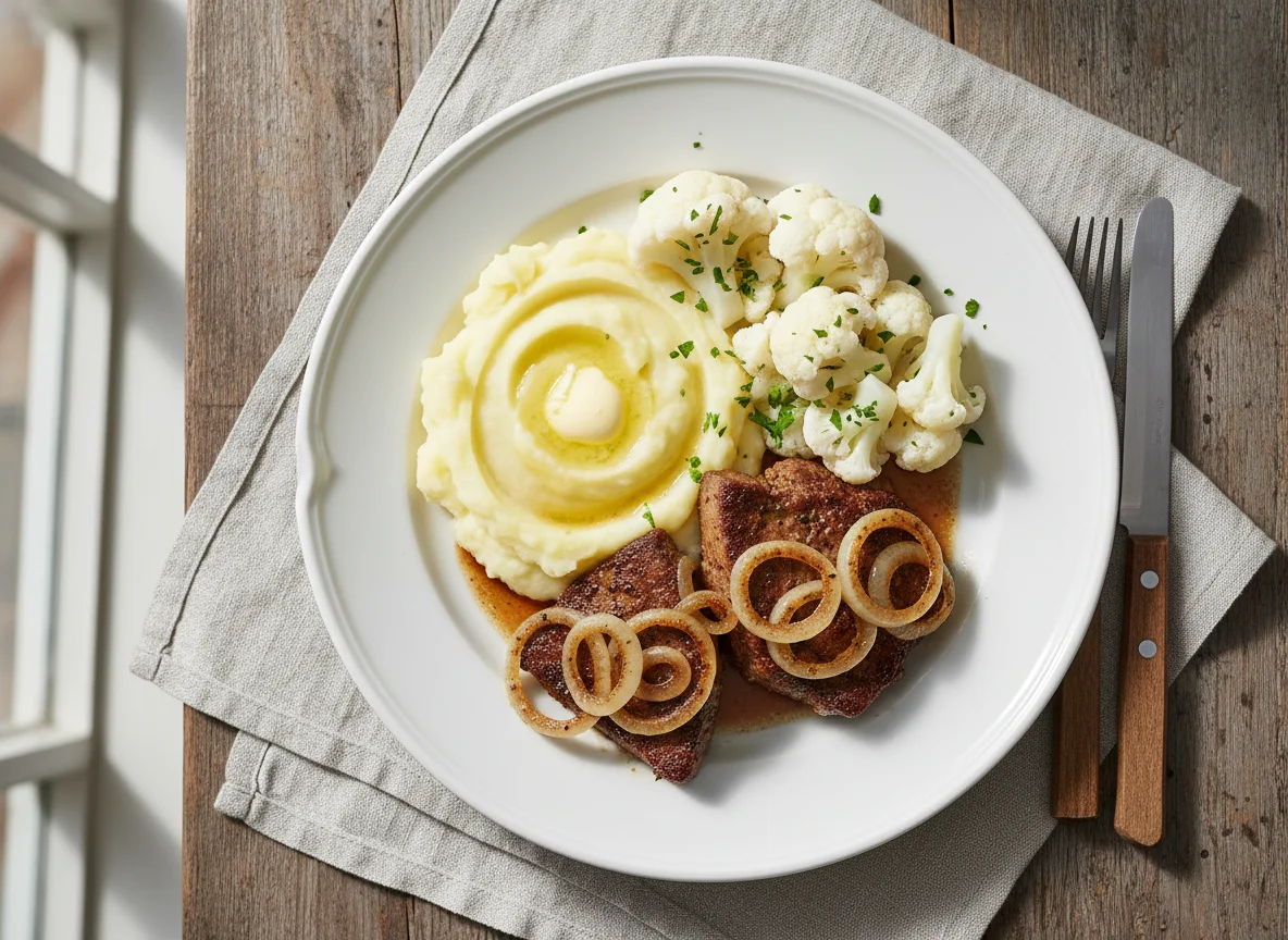 Leber mit Kartoffelpüree und Blumenkohl photo