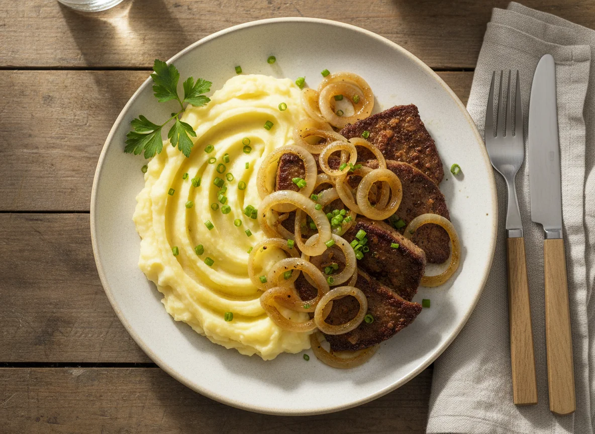 Leber mit Kartoffelpüree und Zwiebeln photo