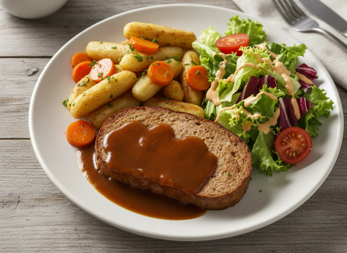 Leberkäse mit Bratensoße, Schupfnudeln, Karotten und Salat photo