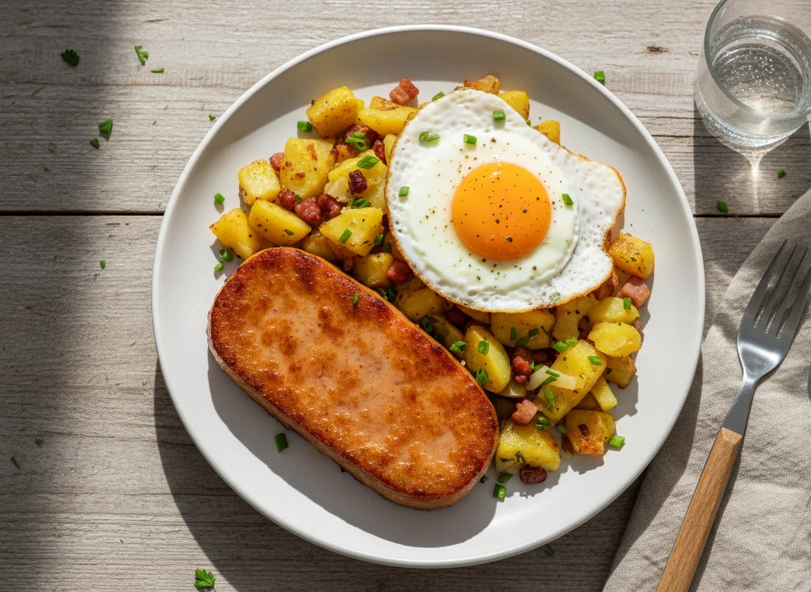 Leberkäse mit Bratkartoffeln und Spiegelei photo