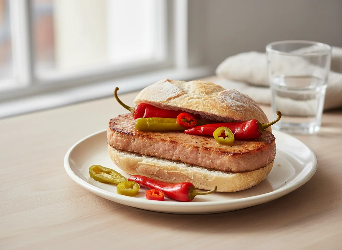 Leberkäse mit Brötchen und Peperoni photo