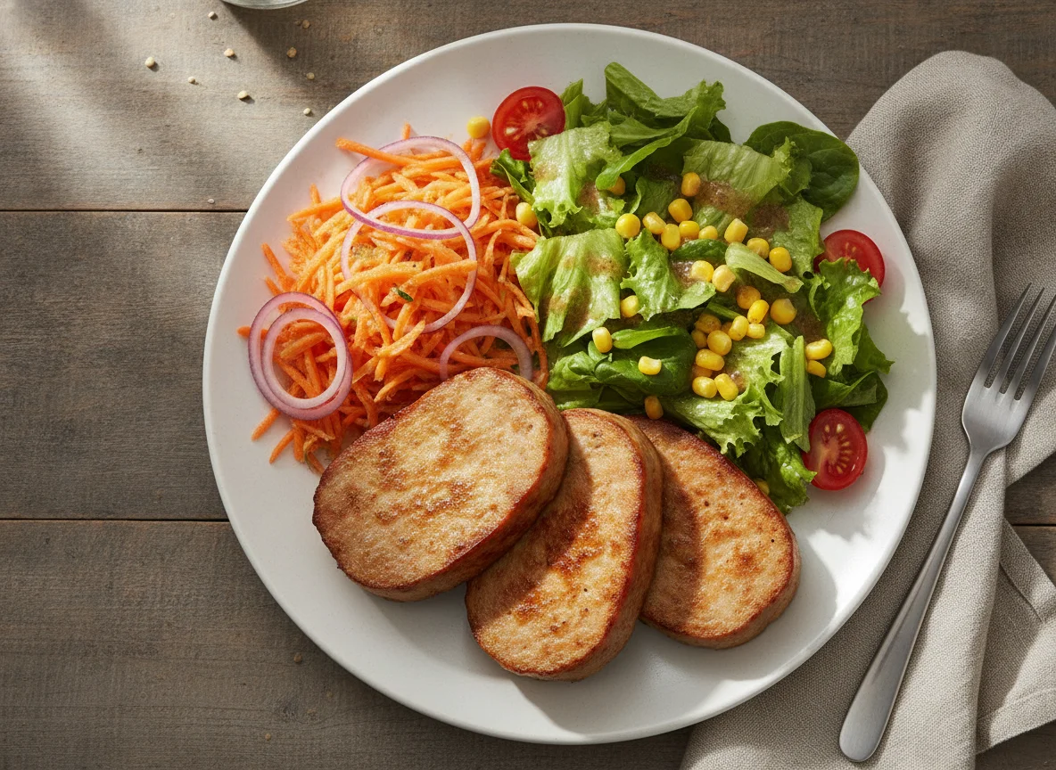 Leberkäse mit Karotten und Salat photo