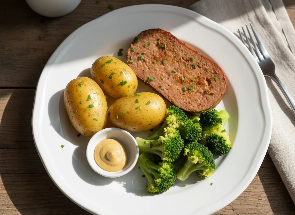 Leberkäse mit Kartoffeln und Brokkoli photo