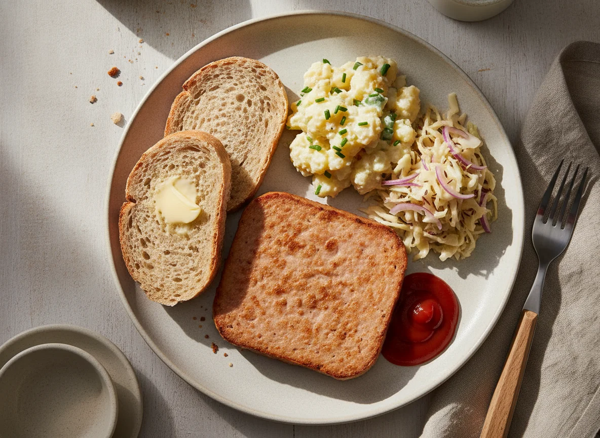 Leberkäse mit Kartoffelsalat, Krautsalat und Brot photo