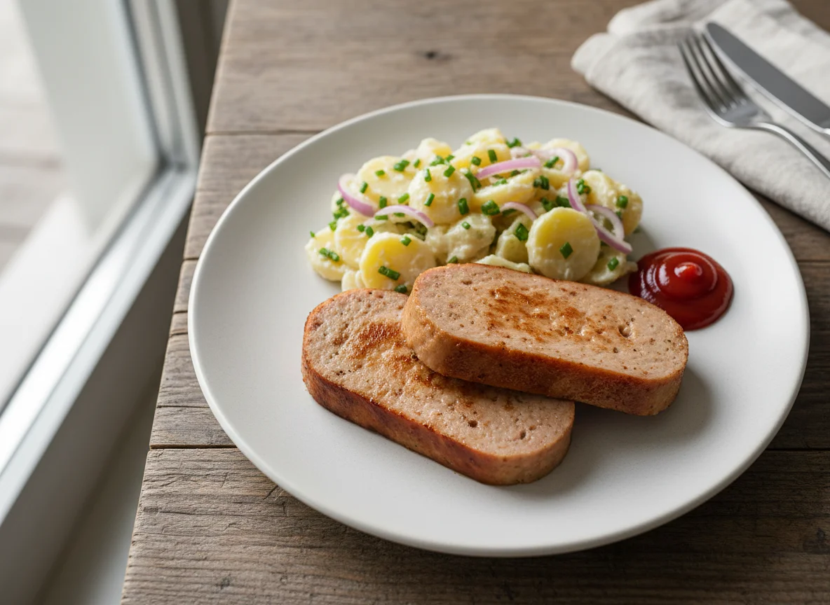 Leberkäse mit Kartoffelsalat und Ketchup photo