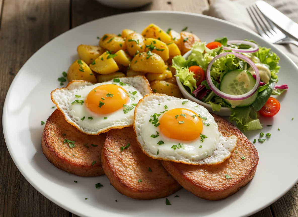 Leberkäse mit Spiegelei, Bratkartoffeln und Salat photo