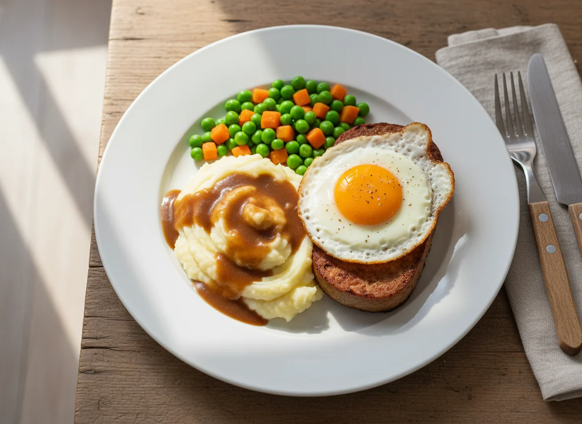 Leberkäse mit Spiegelei, Kartoffelbrei und Erbsen-Karotten-Gemüse photo