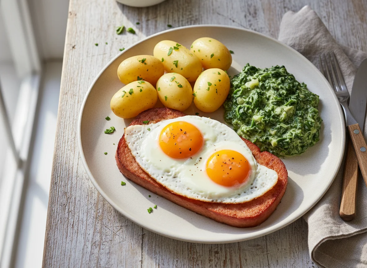 Leberkäse mit Spiegelei, Rahmspinat und Salzkartoffeln photo