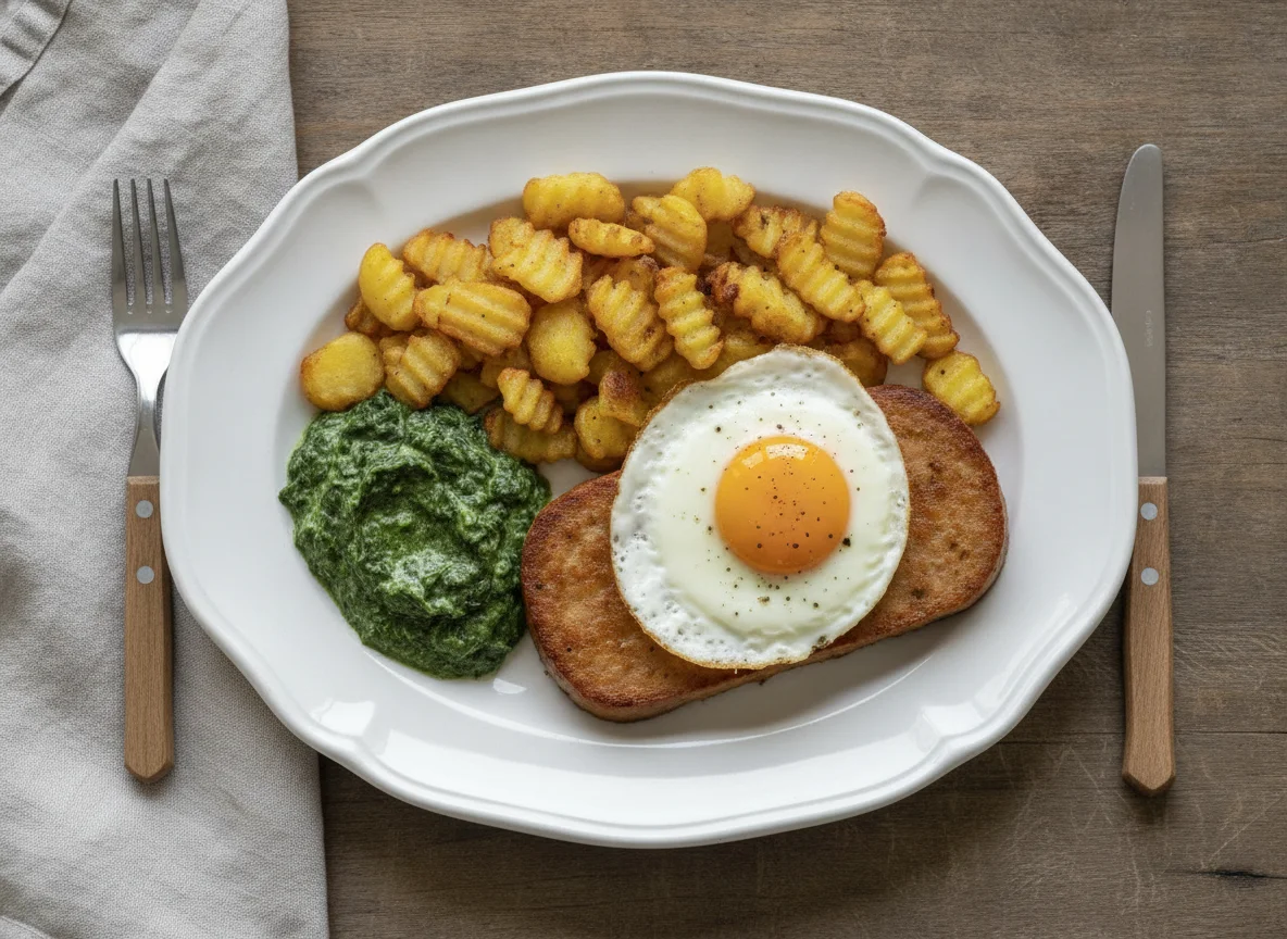 Leberkäse mit Spiegelei, Röstkartoffeln und Cremespinat photo