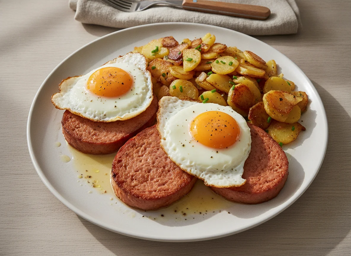 Leberkäse mit Spiegelei und Bratkartoffeln photo